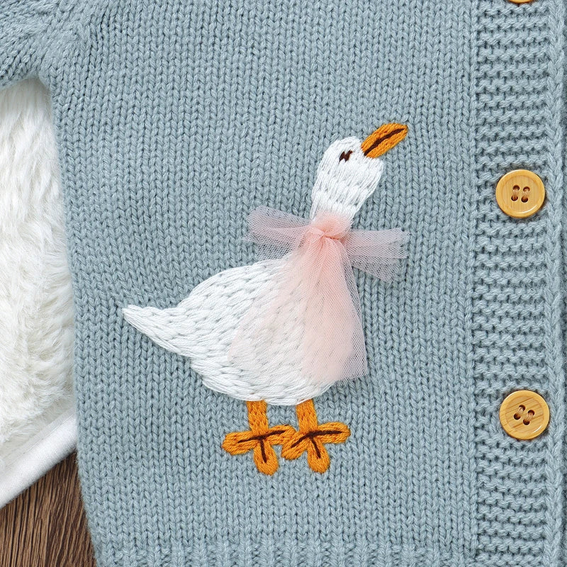 Goosey Knits Baby Cardigan – Embroidered Button-Up Sweater for Infants
